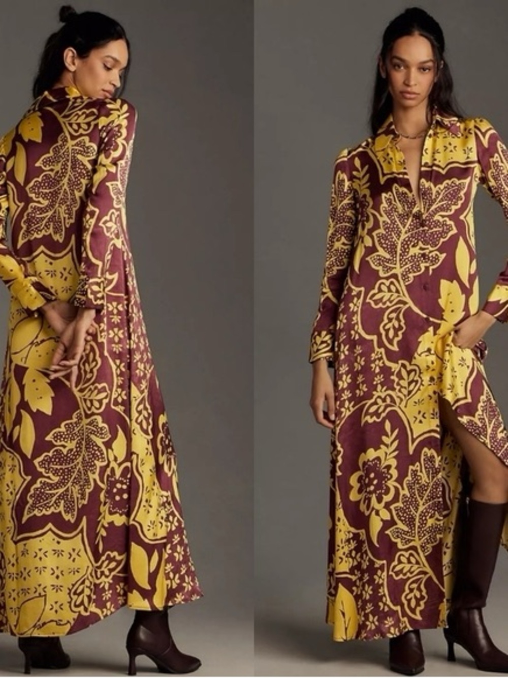 Corey Lynn Calter Maxi Shirt Dress in Mustard and Burgundy